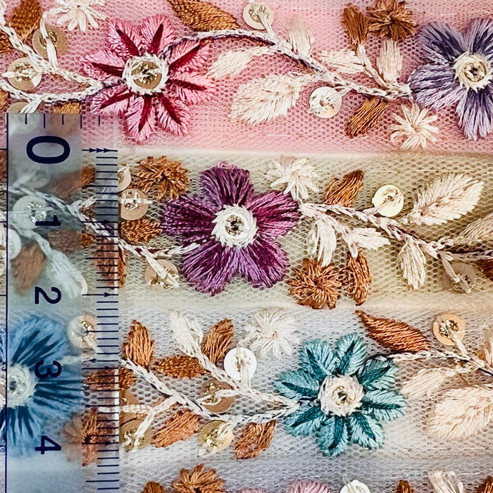 【50cm単位】 刺繍リボン 細幅 カラフルフラワー まるで お絵描きのような チュール 幅約2.2cm 240220001