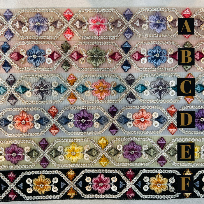 【50cm単位】 刺繍リボン 細幅 キラキラ可愛い カラフル お花の ドロップス チュール 布地 幅約2.5cm 240308001