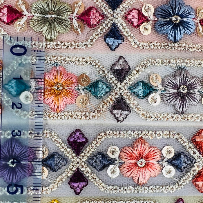 【50cm単位】 刺繍リボン 細幅 キラキラ可愛い カラフル お花の ドロップス チュール 布地 幅約2.5cm 240308001