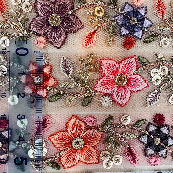【50cm単位】 刺繍リボン 細幅 心ときめく花 咲き誇る 色とりどりの花 チュール 幅約2.8cm 240308002