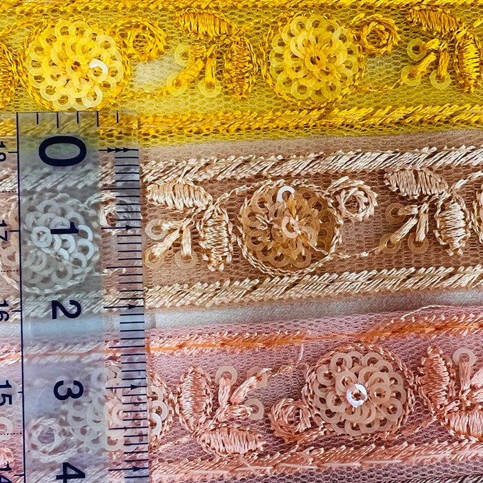 【50cm単位】 刺繍リボン 細幅 スパンコール 同系色で紡ぐ シンプル花柄 ① チュール 幅2cm 240322002