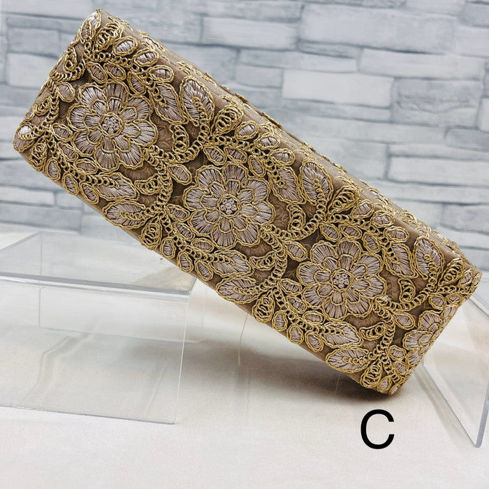 【50cm単位】 刺繍リボン 太幅 ノンスパンコール 金の糸で 華やぐ 私はここで 咲く 美しい 大輪の花 チュール 幅約7.6cm 240408003