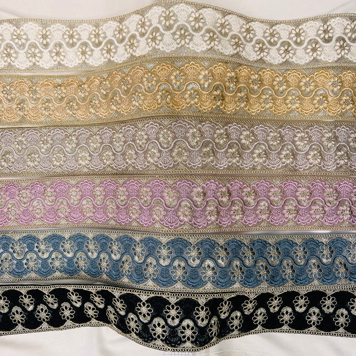 【50cm単位】 刺繍リボン 太幅 金の糸で 華やぐ エキゾティック ラビリンス チュール 幅約8cm 240408005