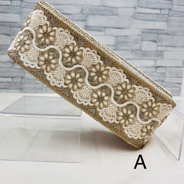 【50cm単位】 刺繍リボン 太幅 金の糸で 華やぐ エキゾティック ラビリンス チュール 幅約8cm 240408005