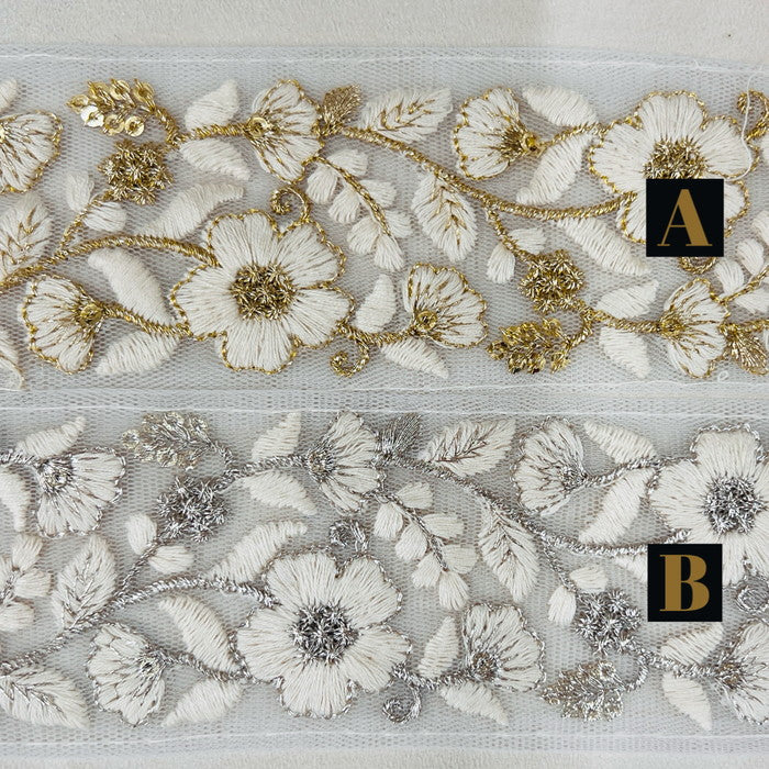 【50cm単位】 刺繍リボン ホワイトの世界 光の中で 輝く 淡く白い 桜 チュール 幅約5.1cm 240408008