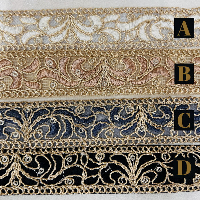 【50cm単位】 刺繍リボン 細幅 金の糸で 華やぐ 流れる時に 美しく身を任せて チュール 幅約2.5cm 240408011
