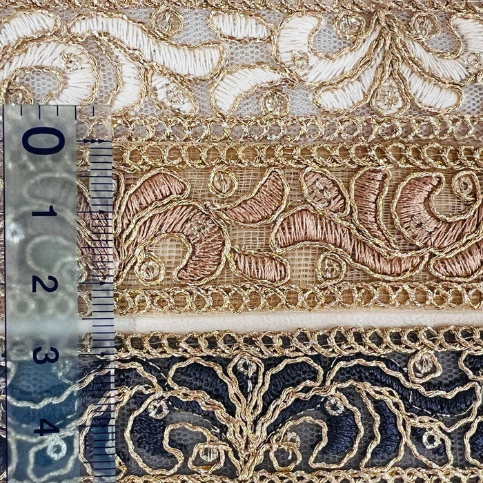 【50cm単位】 刺繍リボン 細幅 金の糸で 華やぐ 流れる時に 美しく身を任せて チュール 幅約2.5cm 240408011