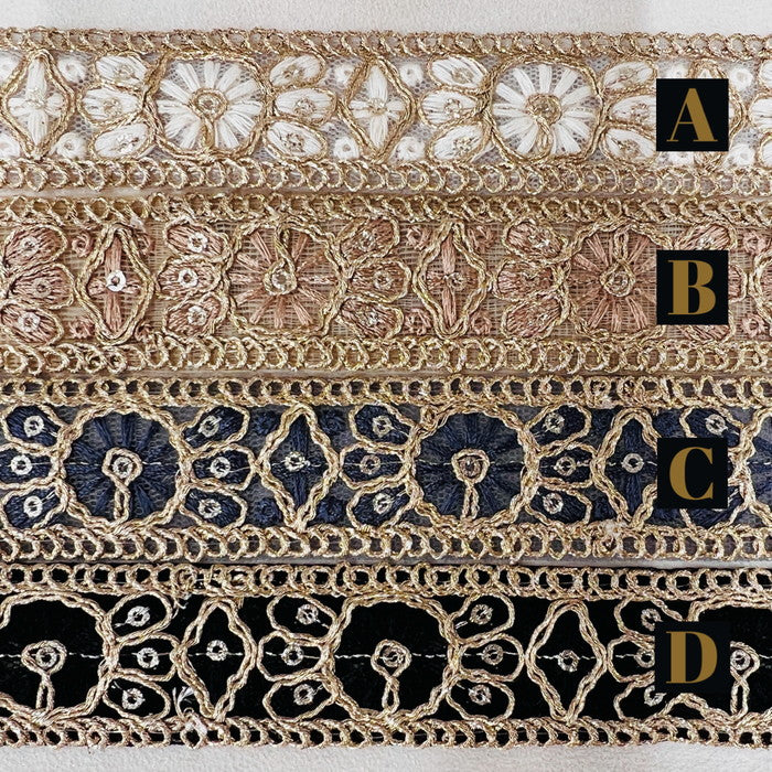 【50cm単位】 刺繍リボン 細幅 金の糸で 華やぐ マーガレットの ラビリンス チュール 幅約2.5cm 240408012
