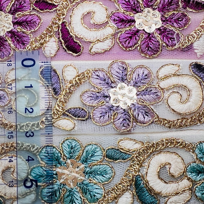 【50cm単位】 刺繍リボン 細幅 同系色が 美しい コスモスの 花の様な チョーカー チュール 幅約3cm 240423001