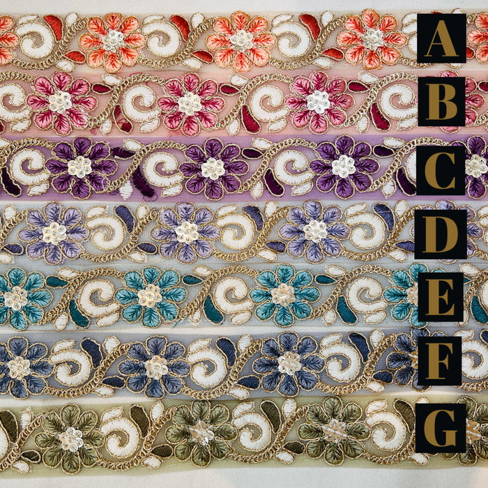 【50cm単位】 刺繍リボン 細幅 同系色が 美しい コスモスの 花の様な チョーカー チュール 幅約3cm 240423001