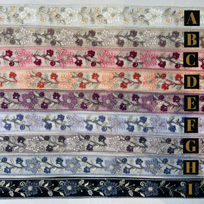 【50cm単位】 刺繍リボン 同系色で 美しい 季節外れに咲く 雪の結晶の様な花 チュール 幅約3.9cm 240528001