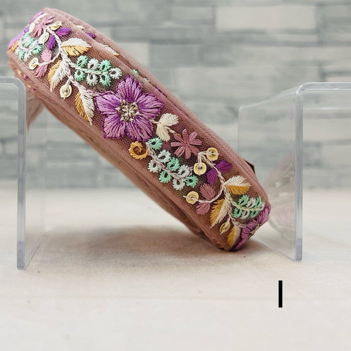 【50cm単位】 刺繍リボン 細幅 ニュアンスカラー 風に身を任せて 揺れる美しい花 チュール 幅約2.5cm 240617002