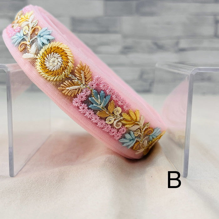 【50cm単位】 刺繍リボン 細幅 ニュアンスカラー 向日葵のような まあるいお花 チュール 幅約2.4cm 240617003
