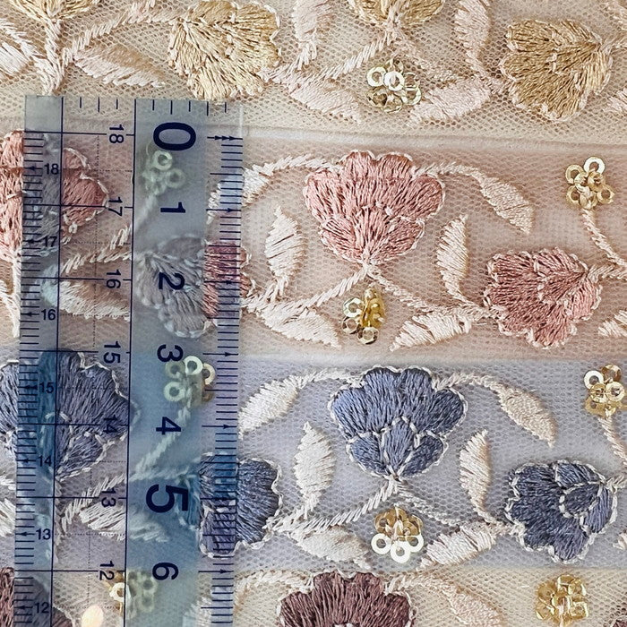 【50cm単位】 刺繍リボン 細幅 柔らかデザイン 優しく揺れる 清楚な花 チュール 幅約3cm 240808002