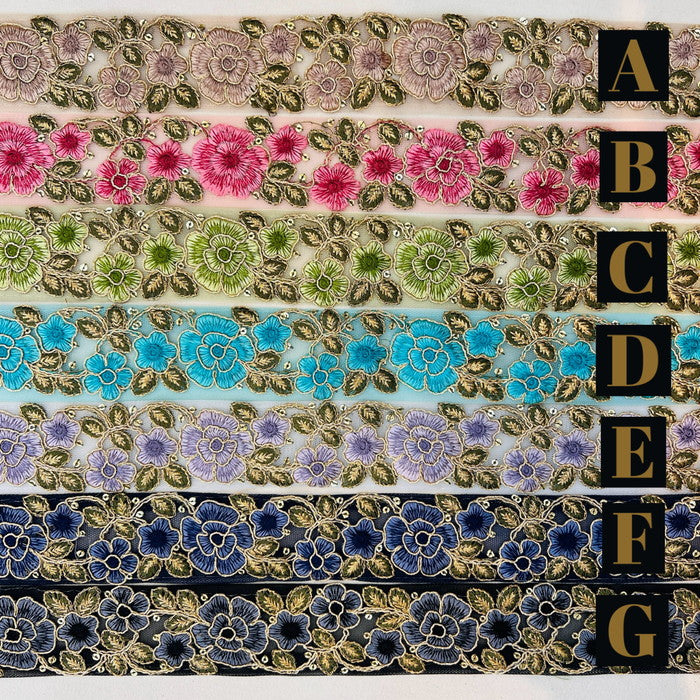 【50cm単位】 刺繍リボン 金の糸がキラリ ビビットなカラーに ドキッ 華麗なる薔薇 チュール 幅約4.2cm 240808003