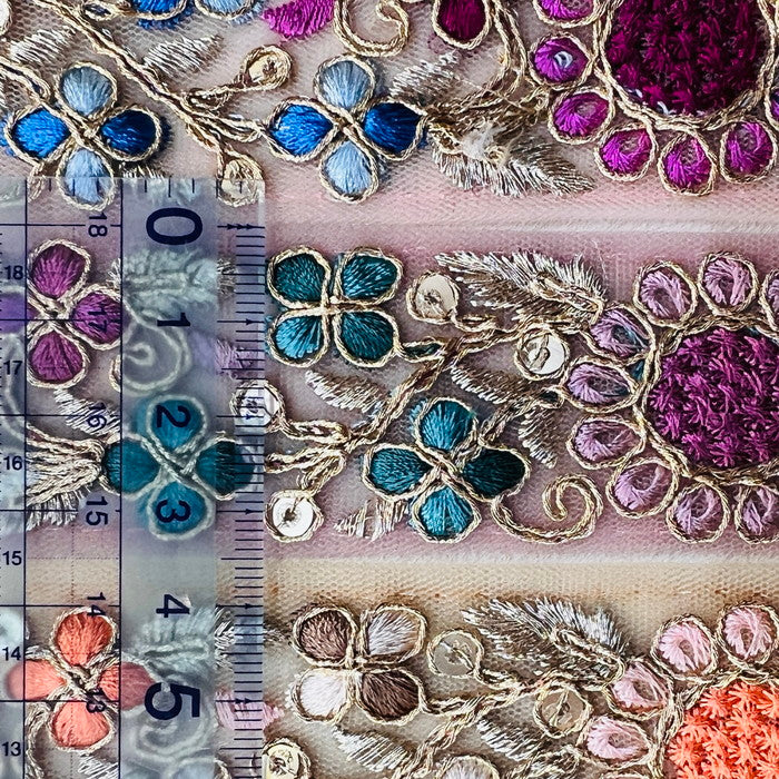 【50cm単位】 刺繍リボン 細幅 魅惑のデザイン 異国に咲く エキゾティック 向日葵 チュール 幅約3.5cm 240912004