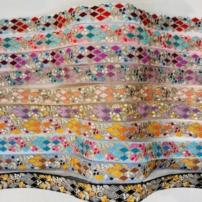 【50cm単位】 刺繍リボン 細幅 エキゾティックカラー 月見草と ダイヤの花束 チュール 幅約3.5cm 240912005