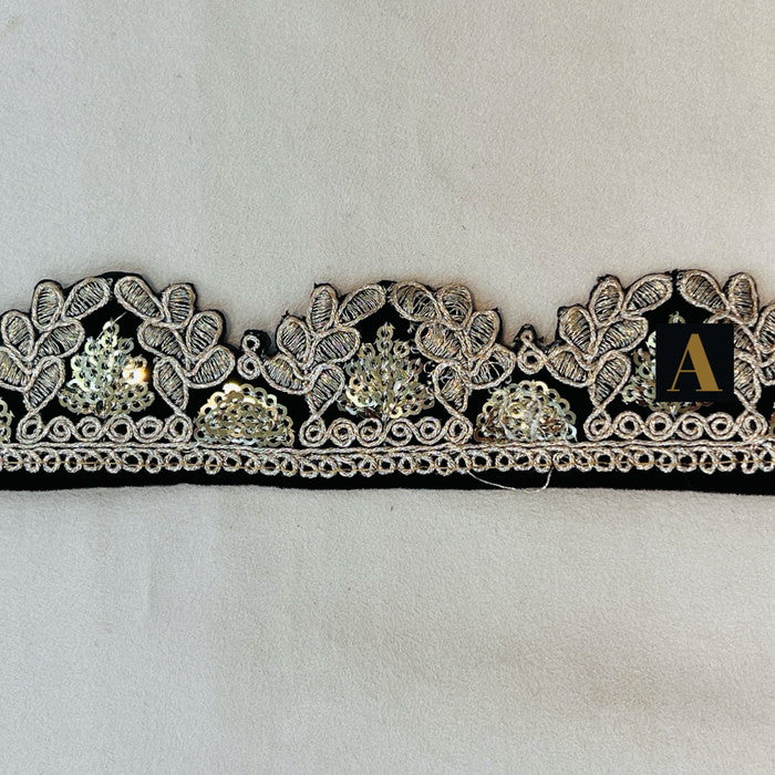 【50cm単位】 刺繍リボン 細幅 ベルベット風 ゴールドで紡ぐ ボタニカル 布地 幅約3.6cm 241126001