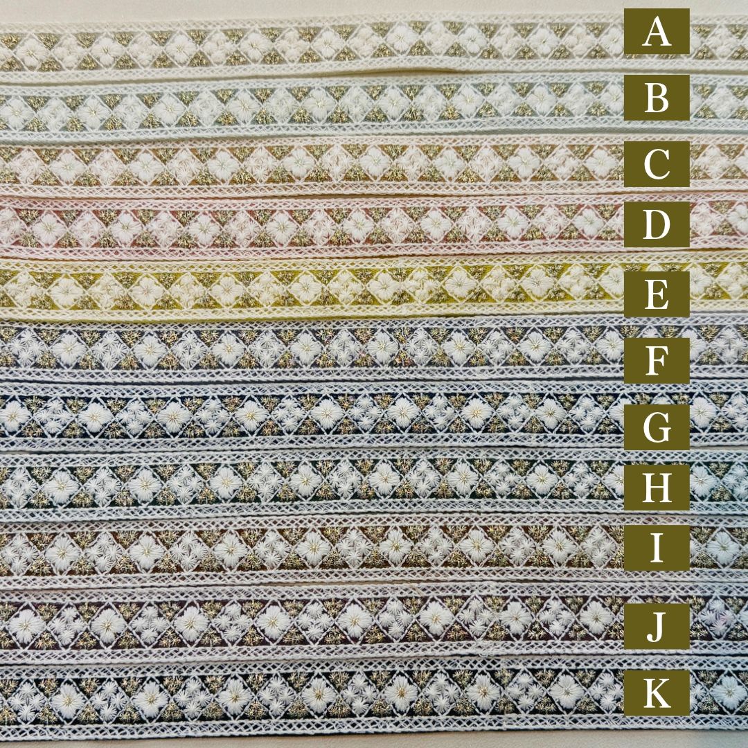 【50cm単位】 刺繍リボン インド刺繍リボン 白糸格子の小花柄 細幅 ノンスパンコール チュール 幅約2.7cm 幅20mm~30mm 261015012