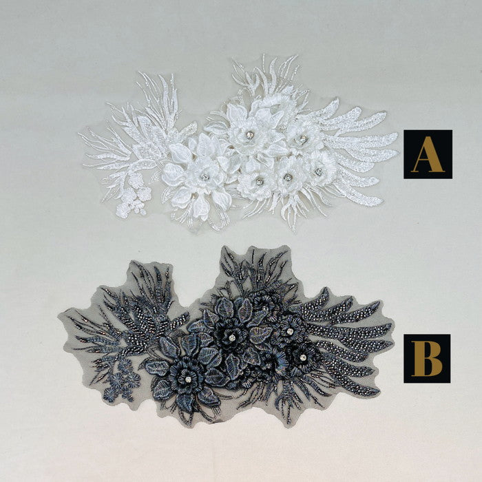 【1枚単位】立体デザイン 煌めく 白と黒 情熱の花 モチーフ サイズ約18cm×約34cm SMT2412008