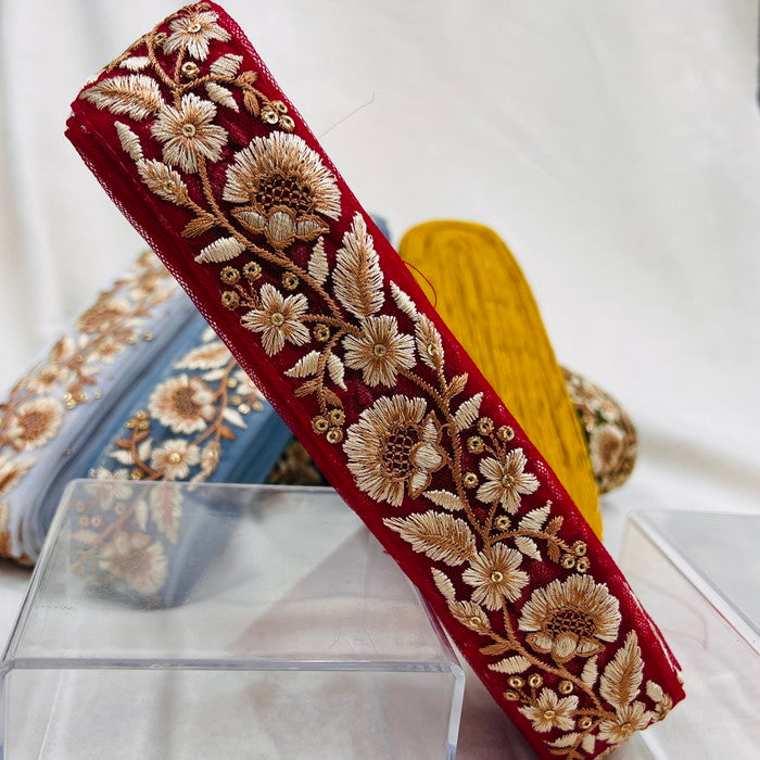 【50cm単位】 刺繍リボン クラシカルに挑戦 茶系で織りなす 品のある花柄 インド刺繡リボン チュール 幅約3.7cm 230404007
