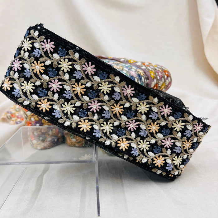 【50cm単位】 刺繍リボン ノンスパンコール 大人気!太幅!ニュアンスカラー 小花柄の絨毯のよう チュール 幅約7.5cm 23040626001