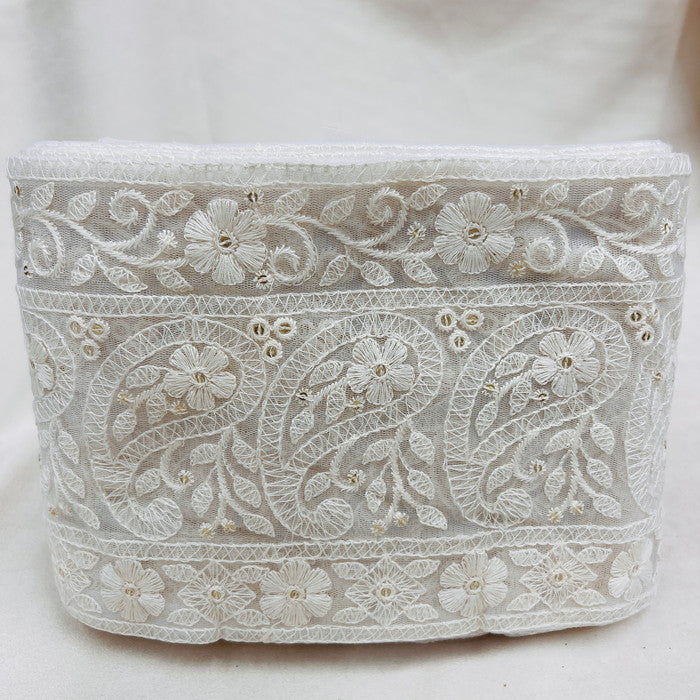 【50cm単位】 刺繍リボン 超太幅 純白の虜 ペイズリー柄がアクセント チュール 幅約16.8cm 23040626011