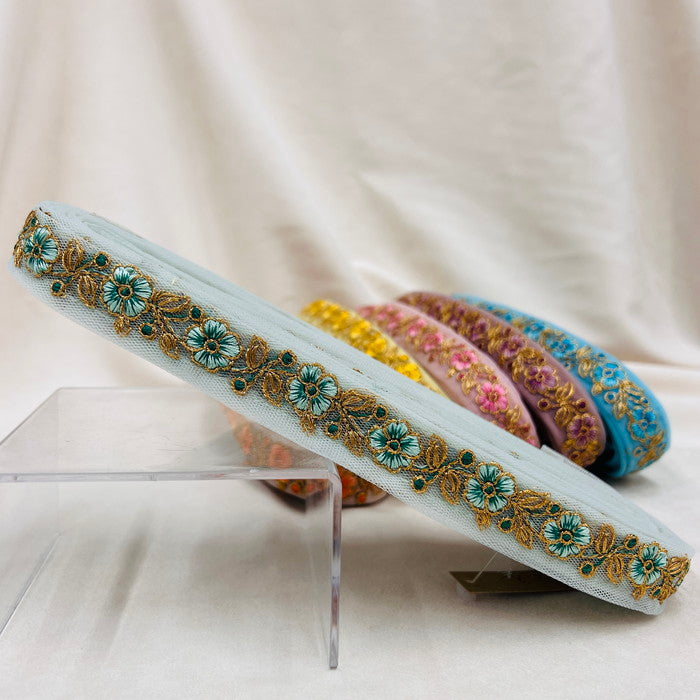 【50cm単位】 刺繍リボン 細幅 ノンスパンコール 待望の再販 ビビットなカラーが 印象的な花柄 チュール 幅約2.4cm 230508014