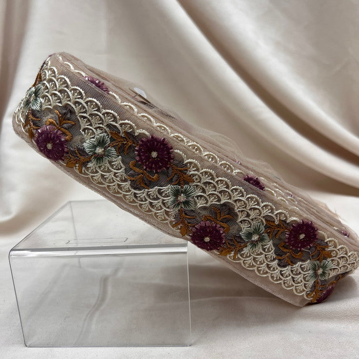 【50cm単位】 刺繍リボン 人魚の落とし物 波間に浮かぶ 人魚の花柄髪飾り インド刺繡リボン チュール 幅約4.5cm 230529005