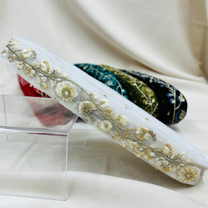 【50cm単位】 刺繍リボン 店頭でも大人気 同系色の花柄 洗練された美しさ 細幅 インド刺繡リボン2 チュール 幅約2.7cm 230529007