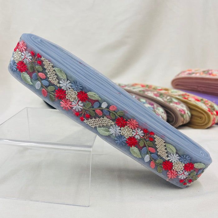 【50cm単位】 刺繍リボン 美しいブーケ 可憐に咲いた コスモスの花束 チュール 幅約3.7cm 230929004