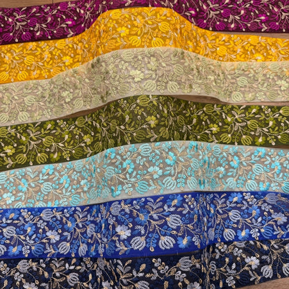 刺繍リボン-【50cm単位】 刺繍リボン 広幅 幅広 太幅 インド刺繍リボン ノンスパンコール チュール地 推しの魔法にかけられてヴィクトリアンガーデン 幅約7cm 230404002-心が躍る刺繍リボン屋 by船場マップ