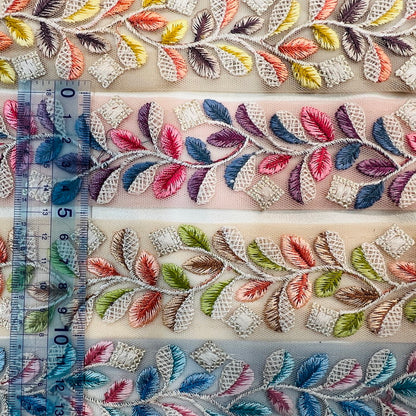 【50cm単位】 刺繍リボン 新芽が躍る 柔らか蔦柄刺繡リボン チュール 幅約4.8cm 230404006