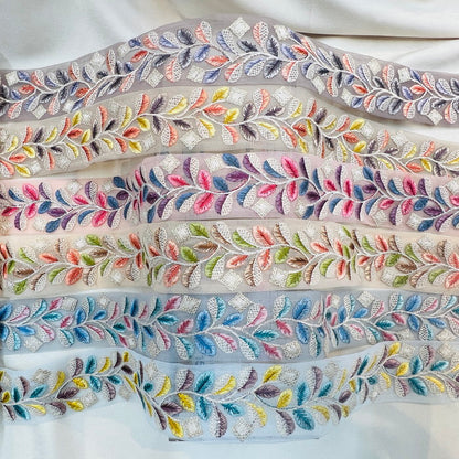 【50cm単位】 刺繍リボン 新芽が躍る 柔らか蔦柄刺繡リボン チュール 幅約4.8cm 230404006