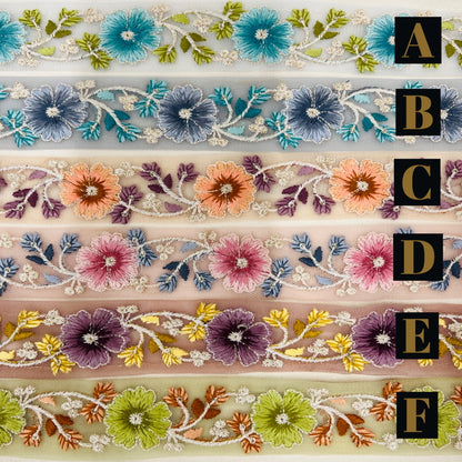 【50cm単位】 刺繍リボン 瑞々しい色彩！カラフルなお花畑花柄刺繡リボン チュール 幅約3.4cm 230404021