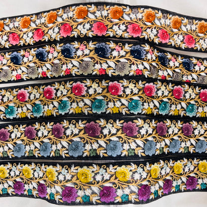 【50cm単位】 刺繍リボン ノンスパンコール  真夜中の約束 咲き乱れる花たち チュール 幅約5cm 23040626002