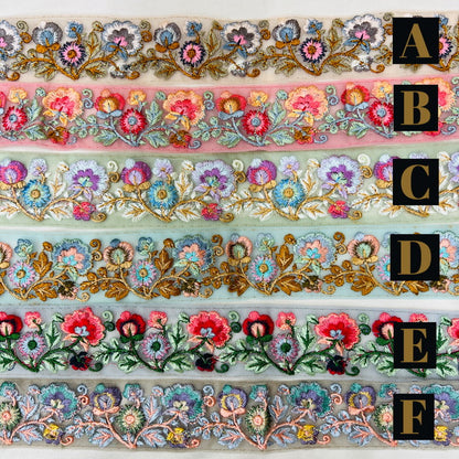 【50cm単位】 刺繍リボン ノンスパンコール！ 刺繍のみで織りなす キュートな花柄 チュール 幅約4.4cm 230508013