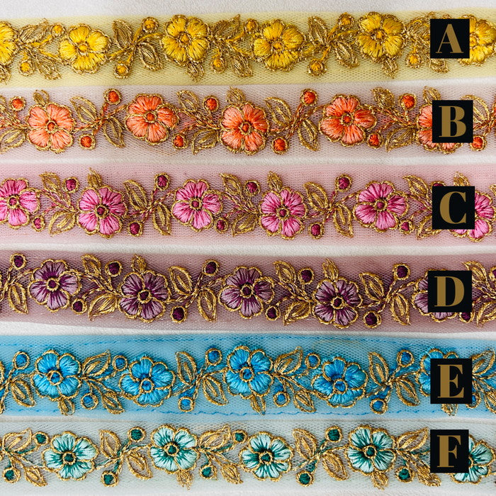 【50cm単位】 刺繍リボン 細幅 ノンスパンコール 待望の再販 ビビットなカラーが 印象的な花柄 チュール 幅約2.4cm 230508014
