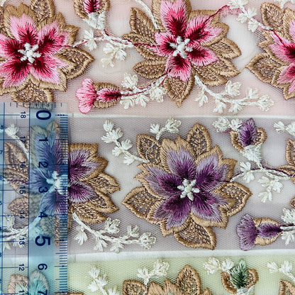 【50cm単位】 刺繍リボン 華やかなデザイン 遅咲きの桜が リボンの中で満開に チュール 幅約5.6cm 230610008