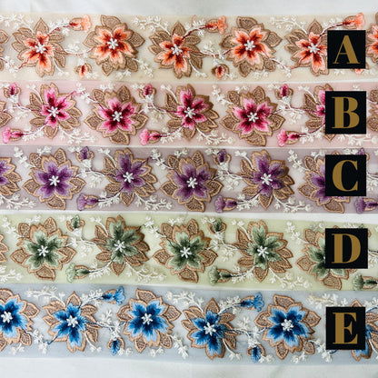 【50cm単位】 刺繍リボン 華やかなデザイン 遅咲きの桜が リボンの中で満開に チュール 幅約5.6cm 230610008