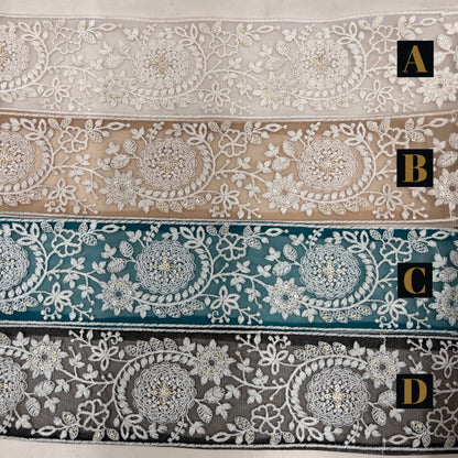 【50cm単位】 刺繍リボン 太幅 スパンコール 弾けながら広がる お花の流れ星 チュール 幅約8.2cm 230722003