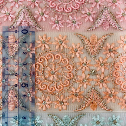 【50cm単位】 刺繍リボン 同系色の刺繡 小花柄のサークル チュール 幅約7.5cm 231003002