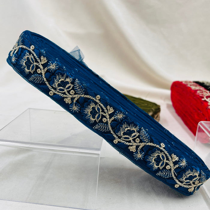 【50cm単位】 刺繍リボン 細幅 待望の再入荷 同系色刺繍のゴージャスな花 チュール 幅約3cm 230930007