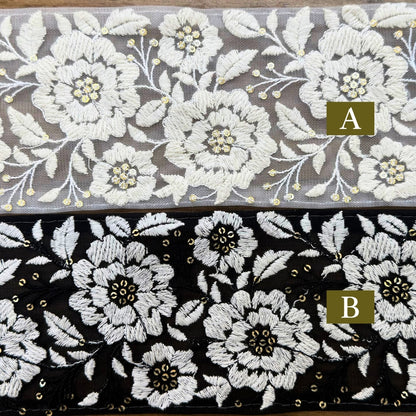 【50cm単位】 刺繍リボン 中太幅広幅 幅広 太幅 インド刺繍リボン スパンコール チュール地 白夜の花園 刺繍リボン 幅約9cm 240116021