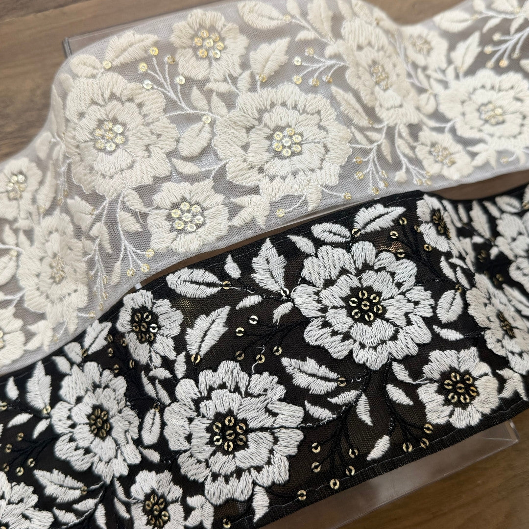 【50cm単位】 刺繍リボン 中太幅広幅 幅広 太幅 インド刺繍リボン スパンコール チュール地 白夜の花園 刺繍リボン 幅約9cm 240116021