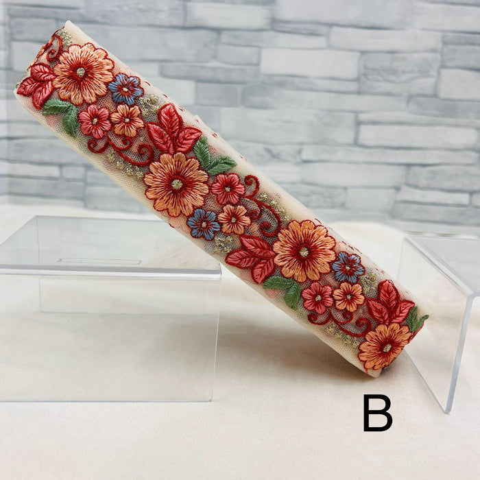 【50cm単位】 刺繍リボン 同系色の美 大輪の花々は 自然の宝石 チュール 幅約4cm 240308003