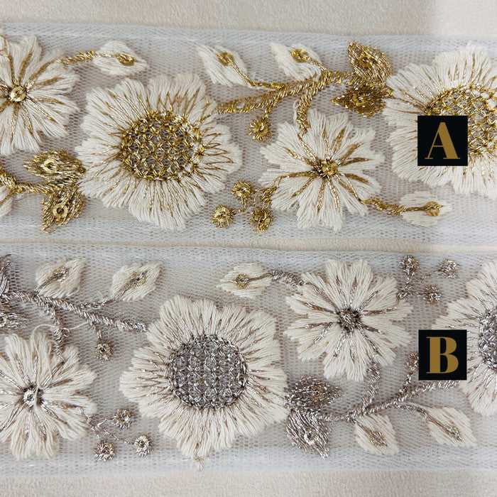 【50cm単位】 刺繍リボン ホワイトの世界 白いヒマワリ のような花 チュール 幅約4cm 240408007