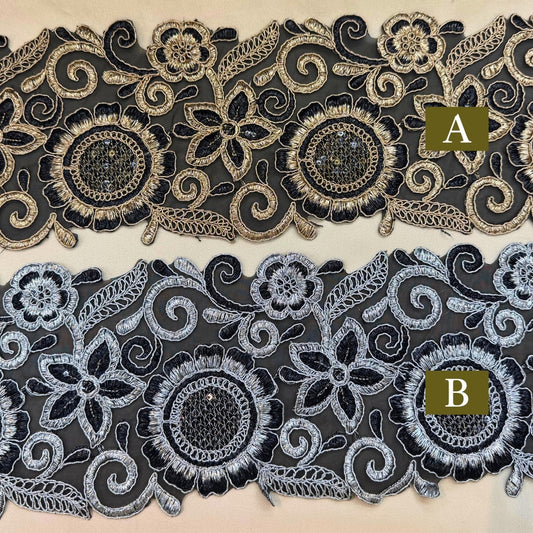 【50cm単位】刺繍リボン 幅広 広幅 太幅 インド刺繍リボン スパンコール チュール クラシカルマリーゴールド 幅約12.5cm 240408017