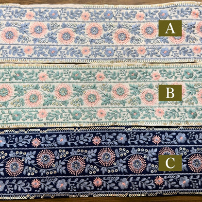 刺繍リボン-【50cm単位】 刺繍リボン 広幅 幅広 太幅 インド刺繍リボン スパンコール 布地 シャーロットの花壇 幅約8.9cm 240408020-心が躍る刺繍リボン屋 by船場マップ