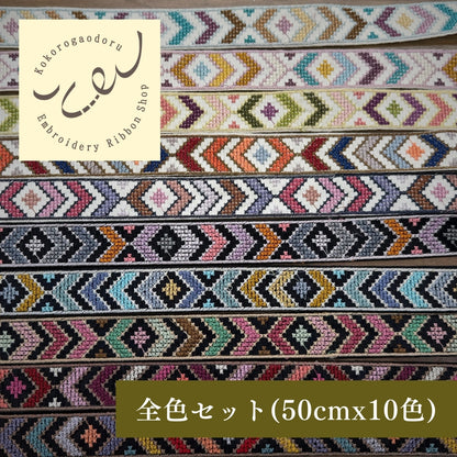 【50cm単位】刺繍リボン 細幅 インド刺繍リボン ノンスパンコール 布地 彩りオルテガ 刺繍リボン 幅約3cm 240513009